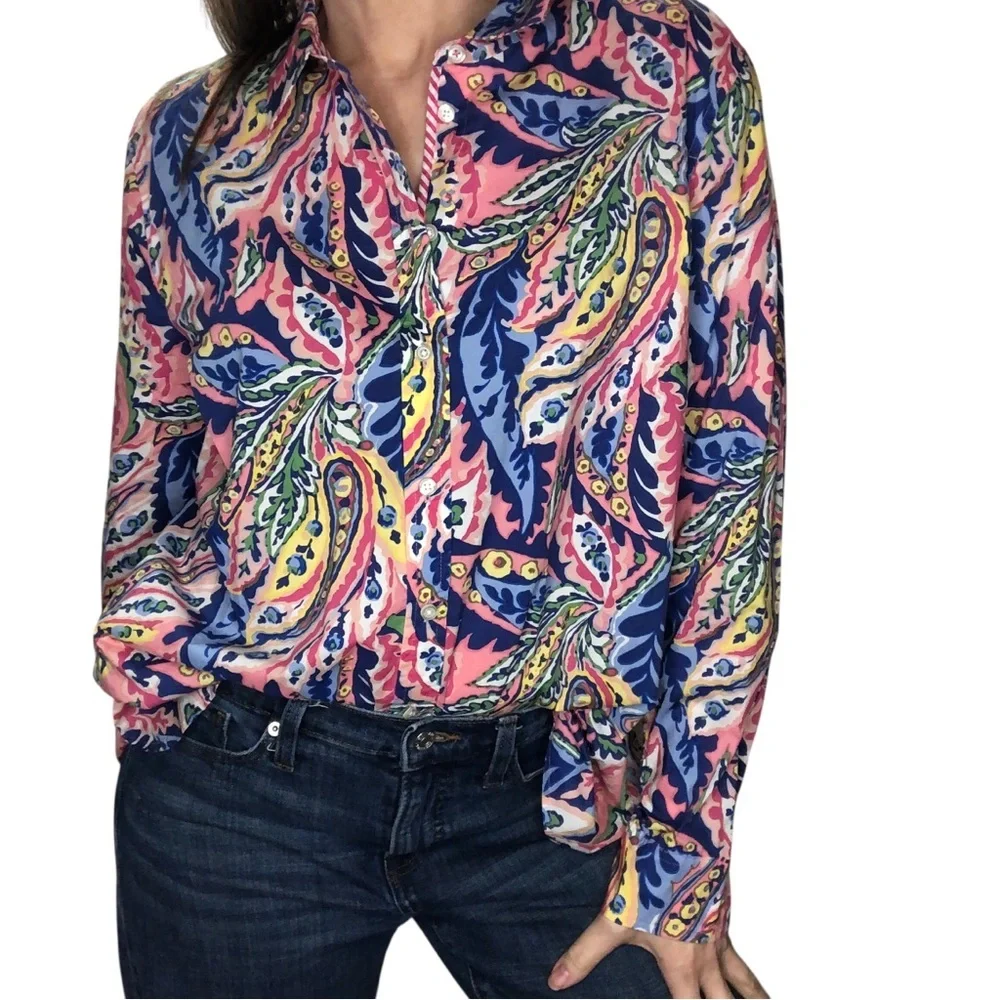 Talbots Sz XL Colorful Button Down Top Shirt Cotton Abstract Paisley L/S Maximal